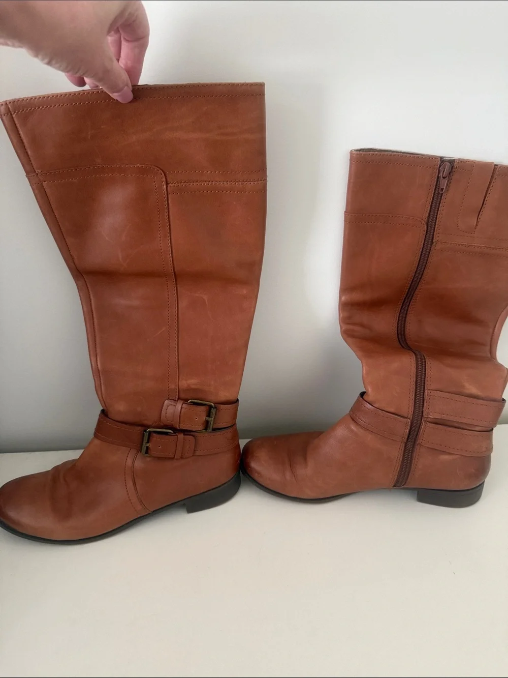 Nine West Cognac Leather Over-the-Knee Buckle Boots